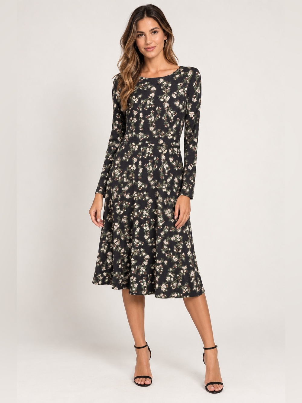 Farm Rio Black Floral Long Sleeve Midi Dress